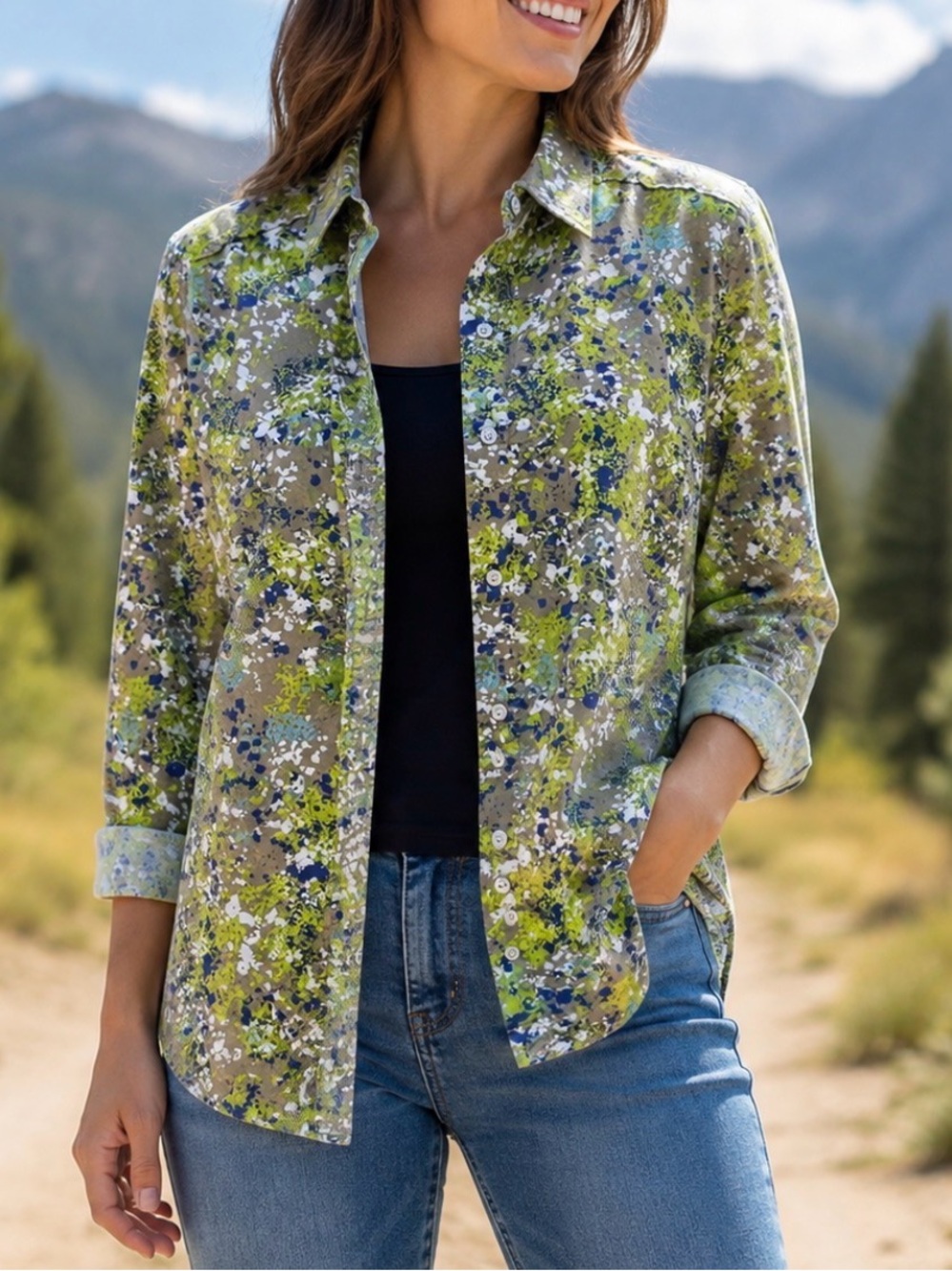 Eddie Bauer Women’s Cotton Botanical Abstract Allover Print Button Up Shirt MED